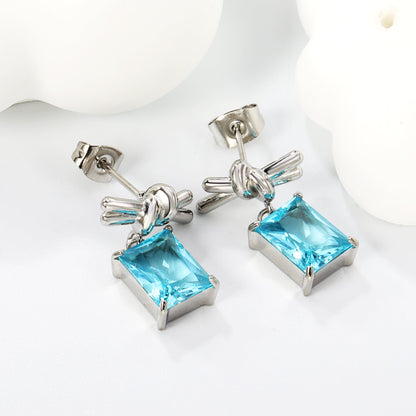13.3*6mm Rope Ribbon + 8*10mm Rectangle Light Blue Zirconia Earrings Steel/Golden asonjewelry
