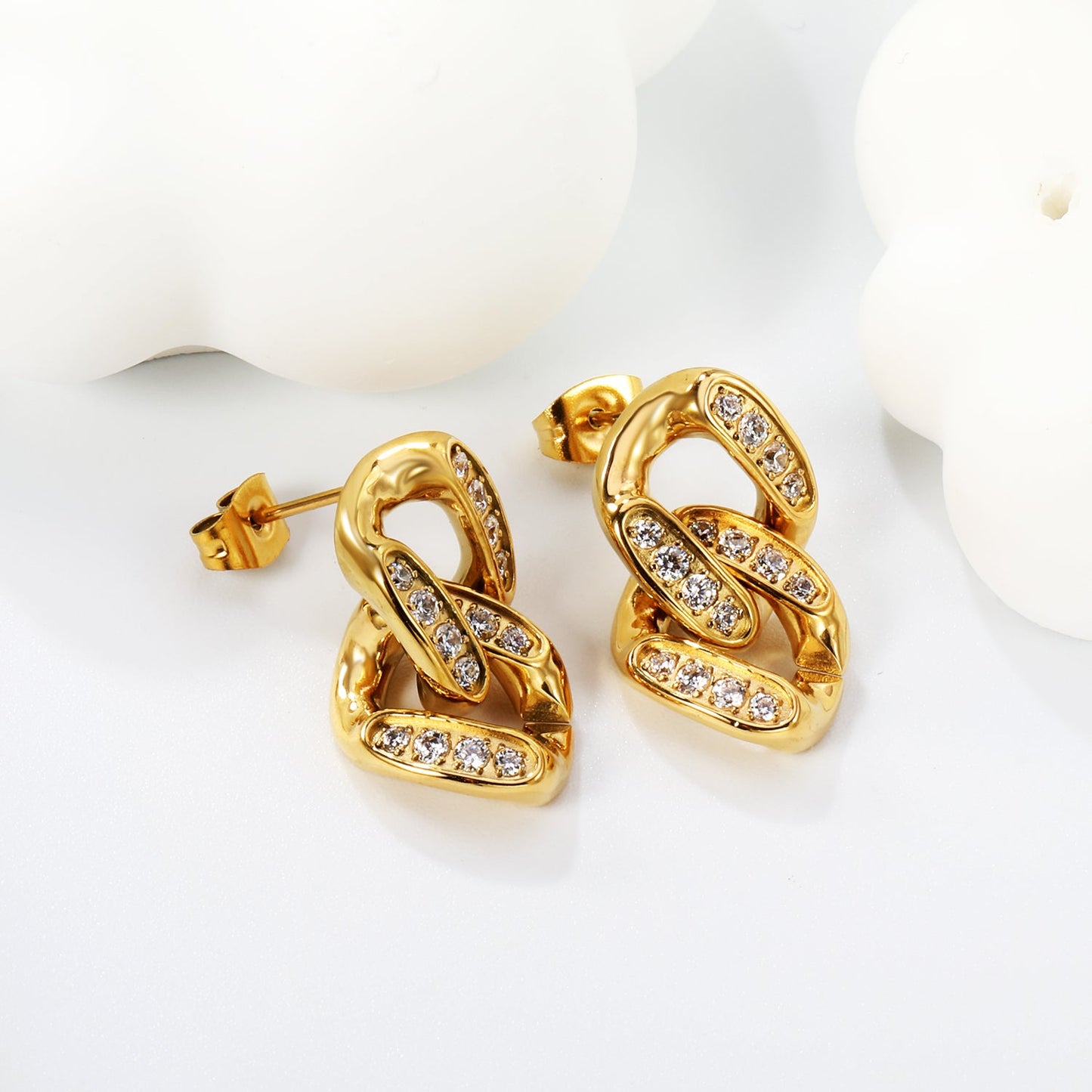 12.3*22.3mm double buckle earrings with CNC white zirconia earrings in steel color/golden asonjewelry