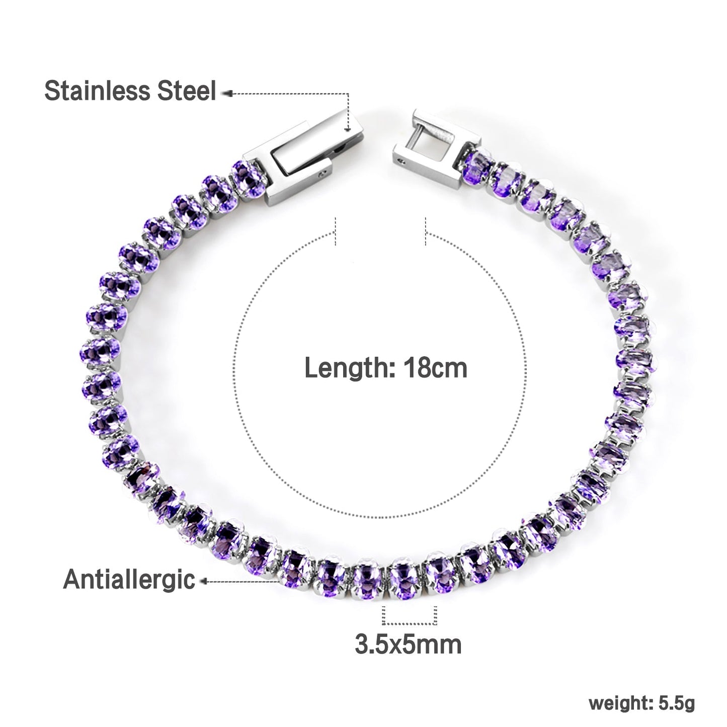 5*3.5mm Oval White/Purple/Red/Pink/Aquamarine/Mixed Color Genuine Zirconium Clasp Bracelet 17cm Steel/Gold asonjewelry