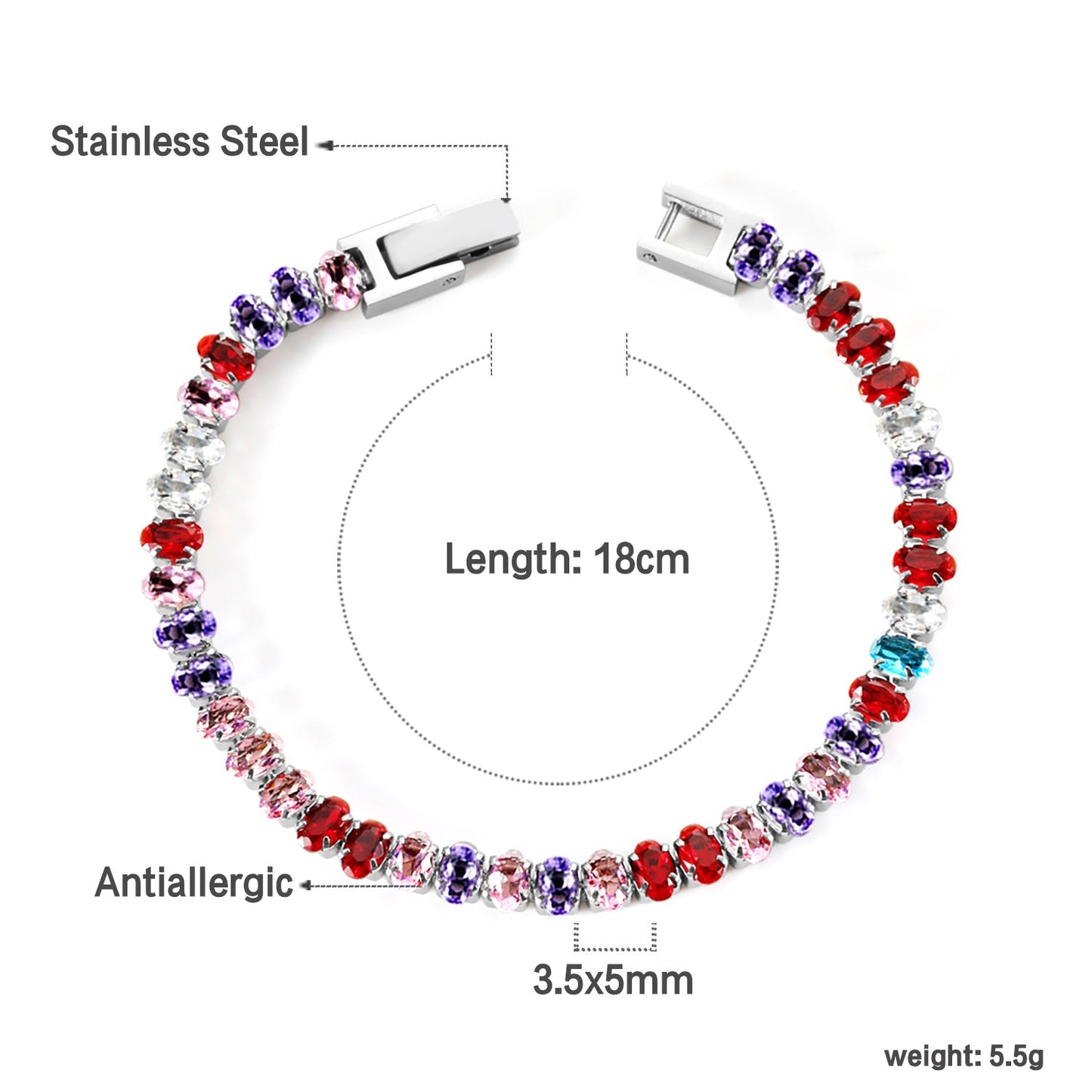 5*3.5mm Oval White/Purple/Red/Pink/Aquamarine/Mixed Color Genuine Zirconium Clasp Bracelet 17cm Steel/Gold asonjewelry
