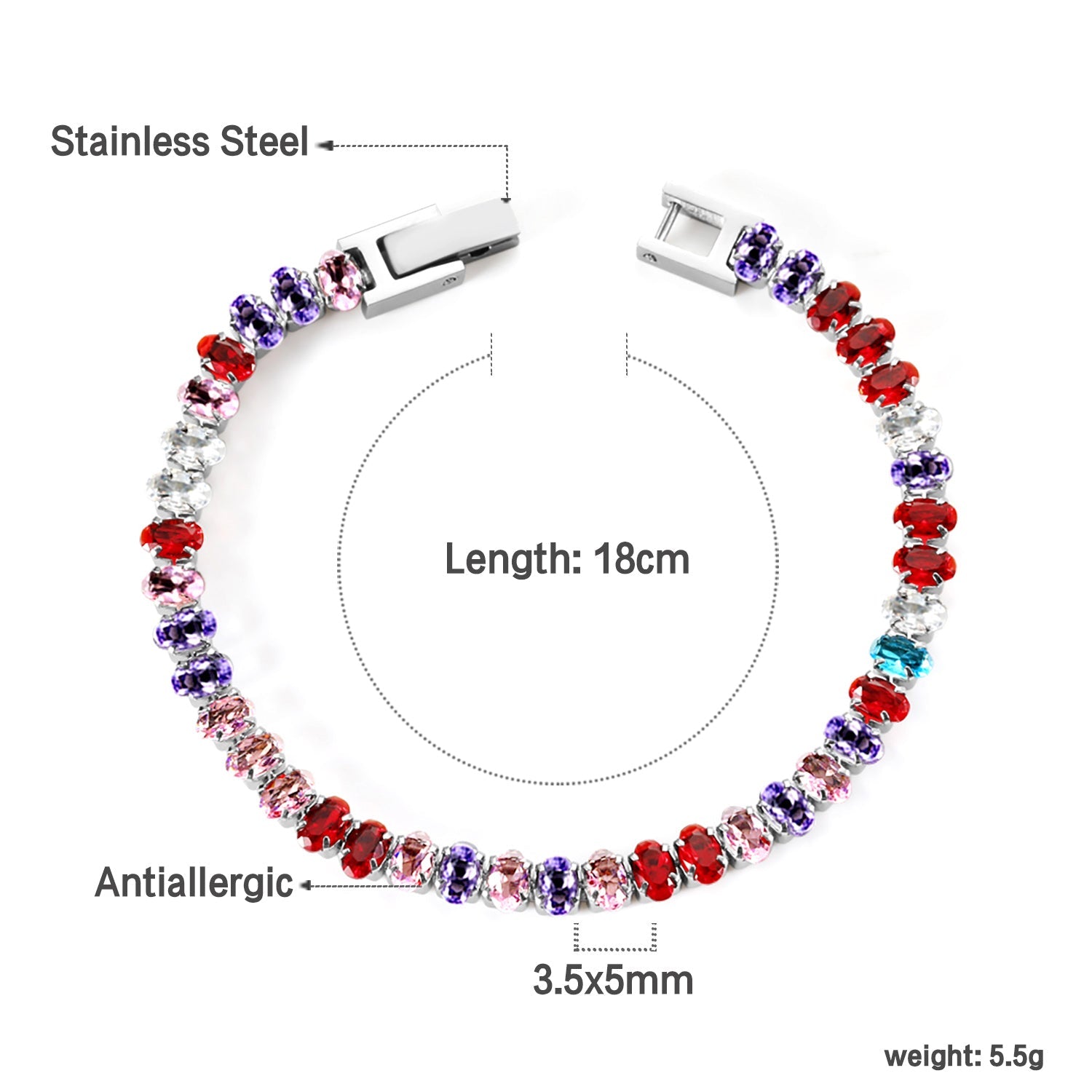 5*3.5mm Oval White/Purple/Red/Pink/Aquamarine/Mixed Color Genuine Zirconium Clasp Bracelet 17cm Steel/Gold asonjewelry
