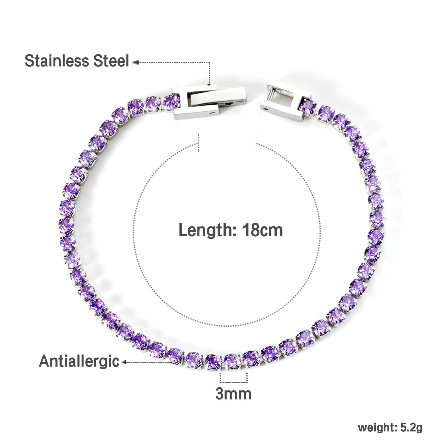 2024 New Year 2~3mm Round Purple Diamond Buckle Bracelet 17cm asonjewelry