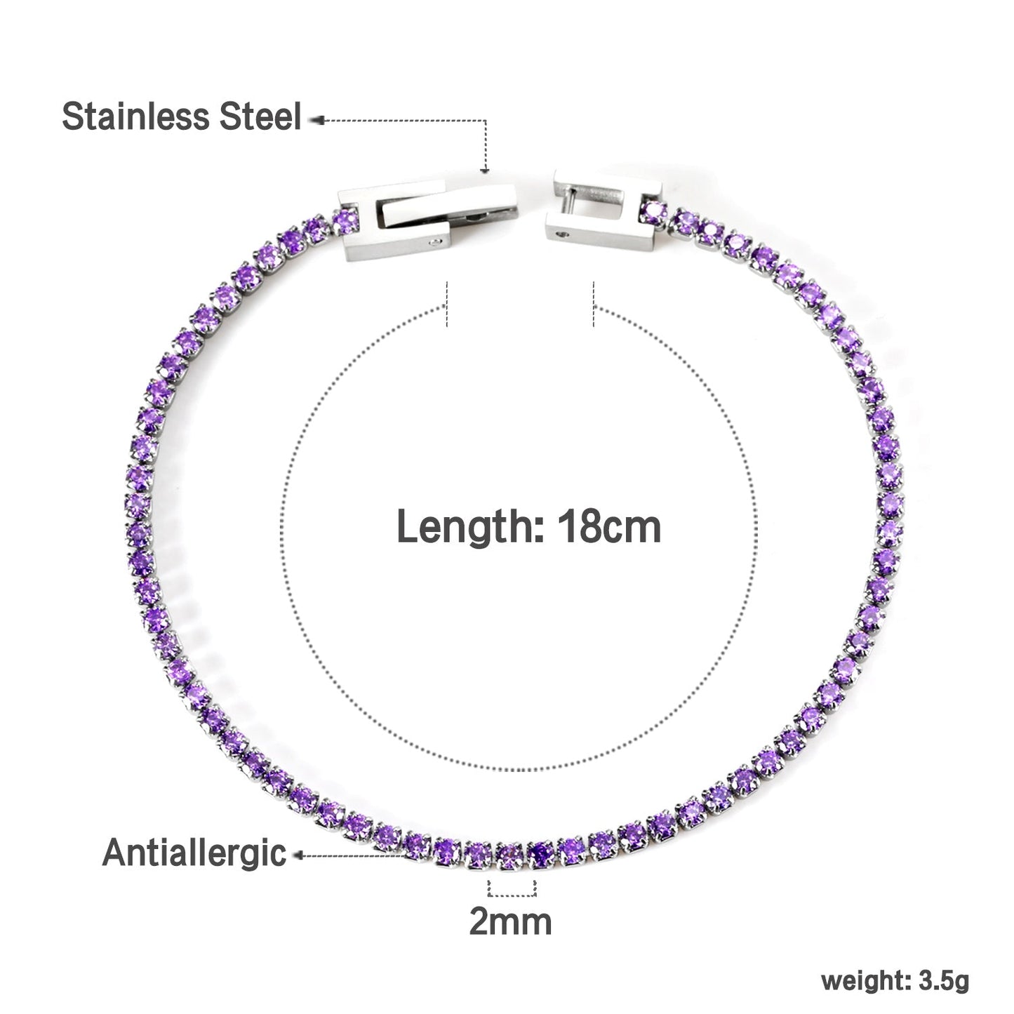 2024 New Year 2~3mm Round Purple Diamond Buckle Bracelet 17cm asonjewelry