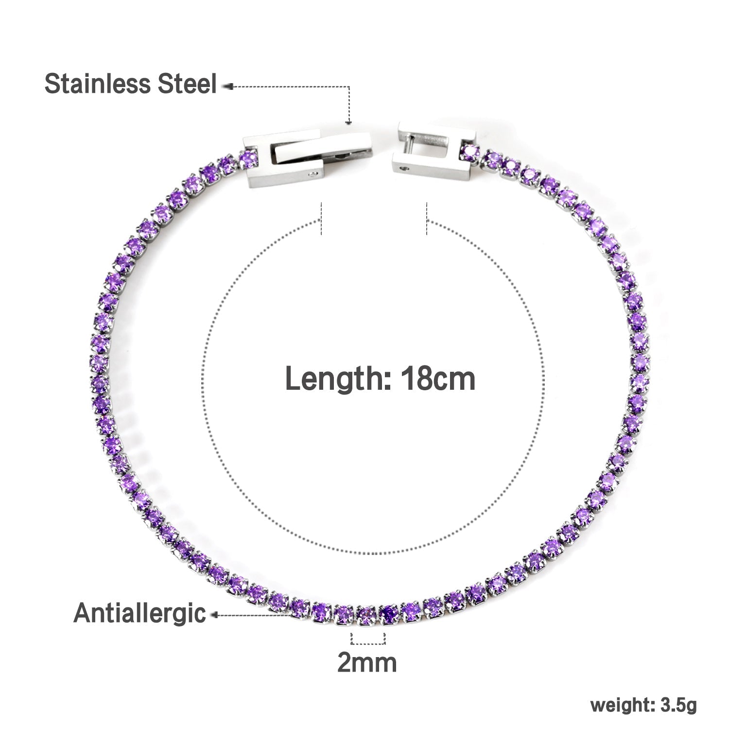 2024 New Year 2~3mm Round Purple Diamond Buckle Bracelet 17cm asonjewelry