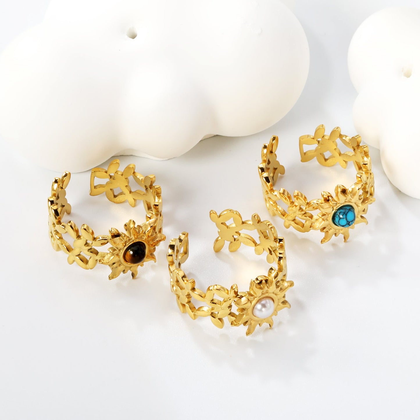 13mm Sunburst Pearl/Turquoise/Tiger Eye Split Ring Gold 8 asonjewelry