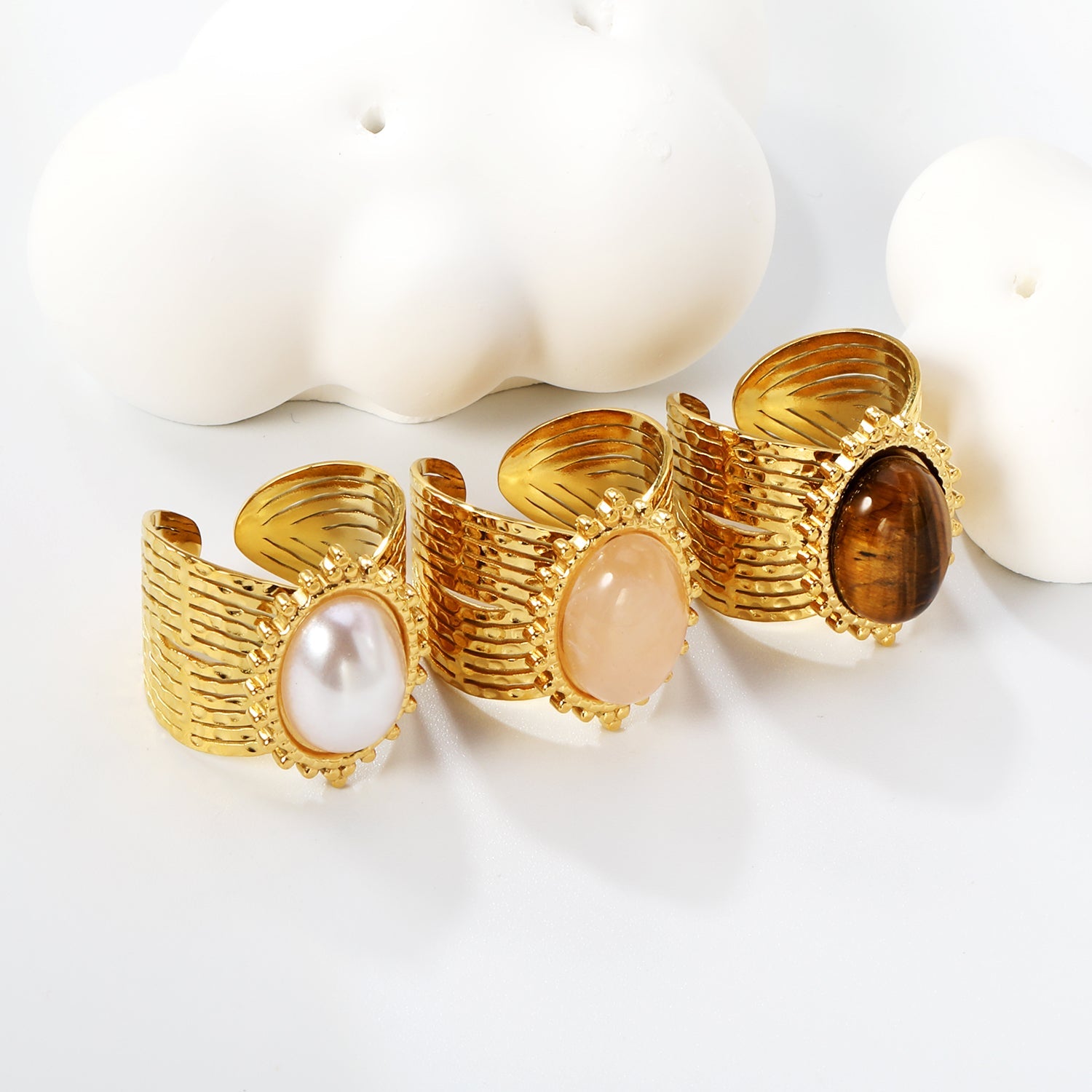 15*21mm Lace Oval with Pearls/Pink Crystals/Tiger's Eye Split Ring Gold 8 asonjewelry