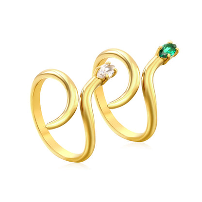18K Gold - Plated Snake - Shaped Ring with Emerald and Diamond Accents asonjewelry