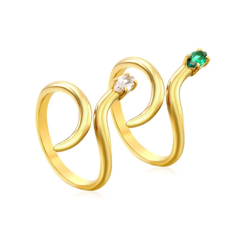18K Gold - Plated Snake - Shaped Ring with Emerald and Diamond Accents