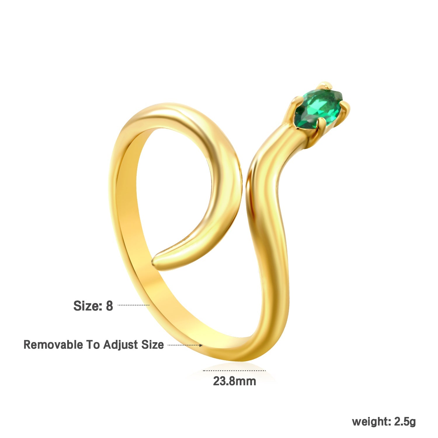 18K Gold - Plated Snake - Shaped Ring with Emerald and Diamond Accents asonjewelry