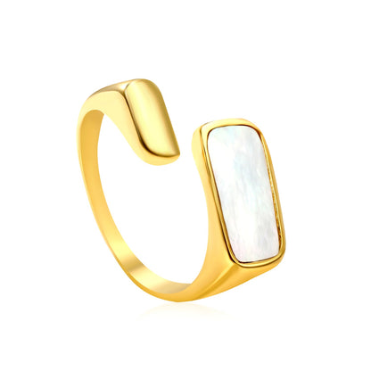 Stylish golden open - ring with rectangular mother - of - pearl inlay, simple and elegant, exuding elegant charm! asonjewelry