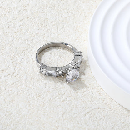 Stainless Steel Ring with Round Diamond & Emerald - Cut Side Accents asonjewelry