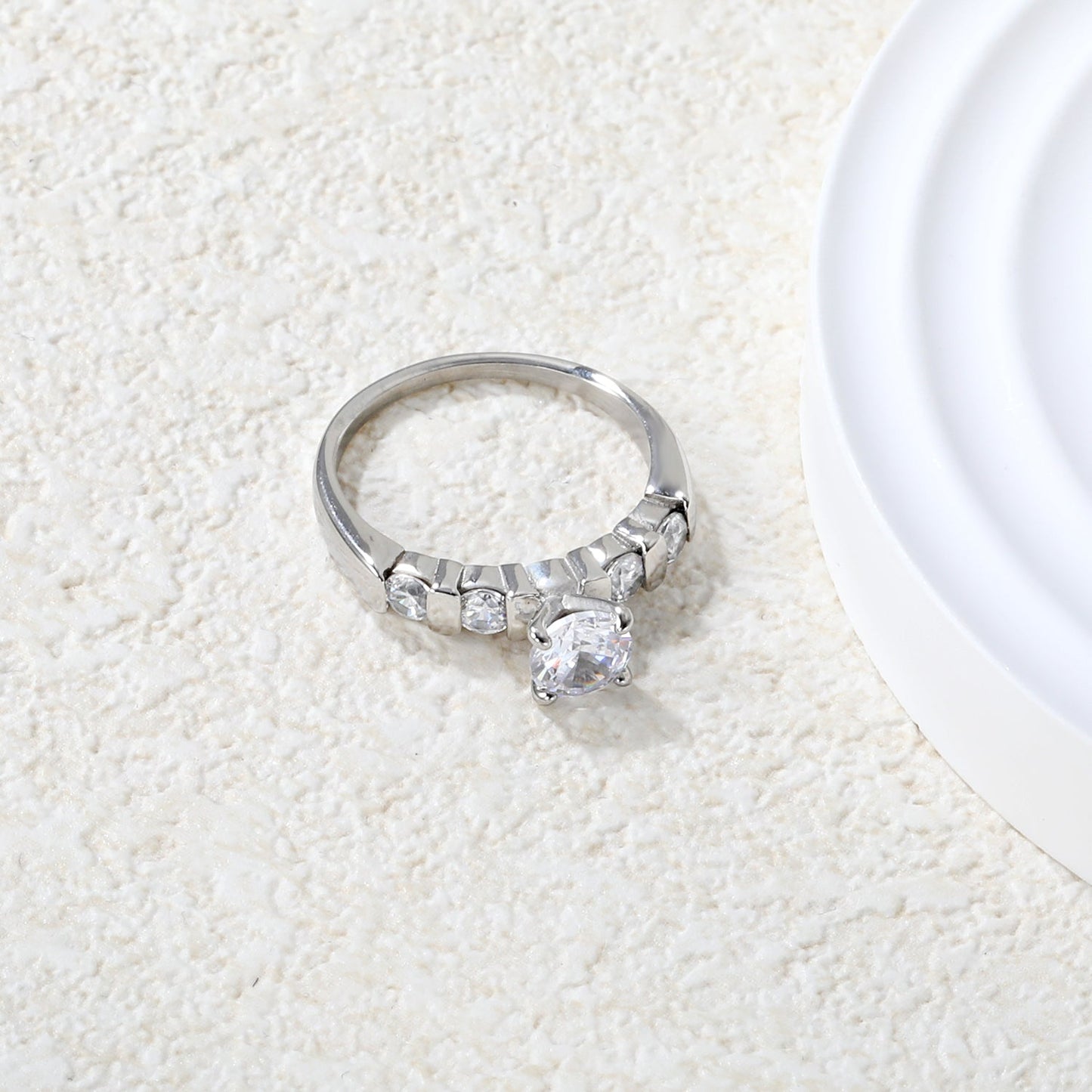 Stainless Steel Ring with Round Diamond & Teardrop Side Stones asonjewelry