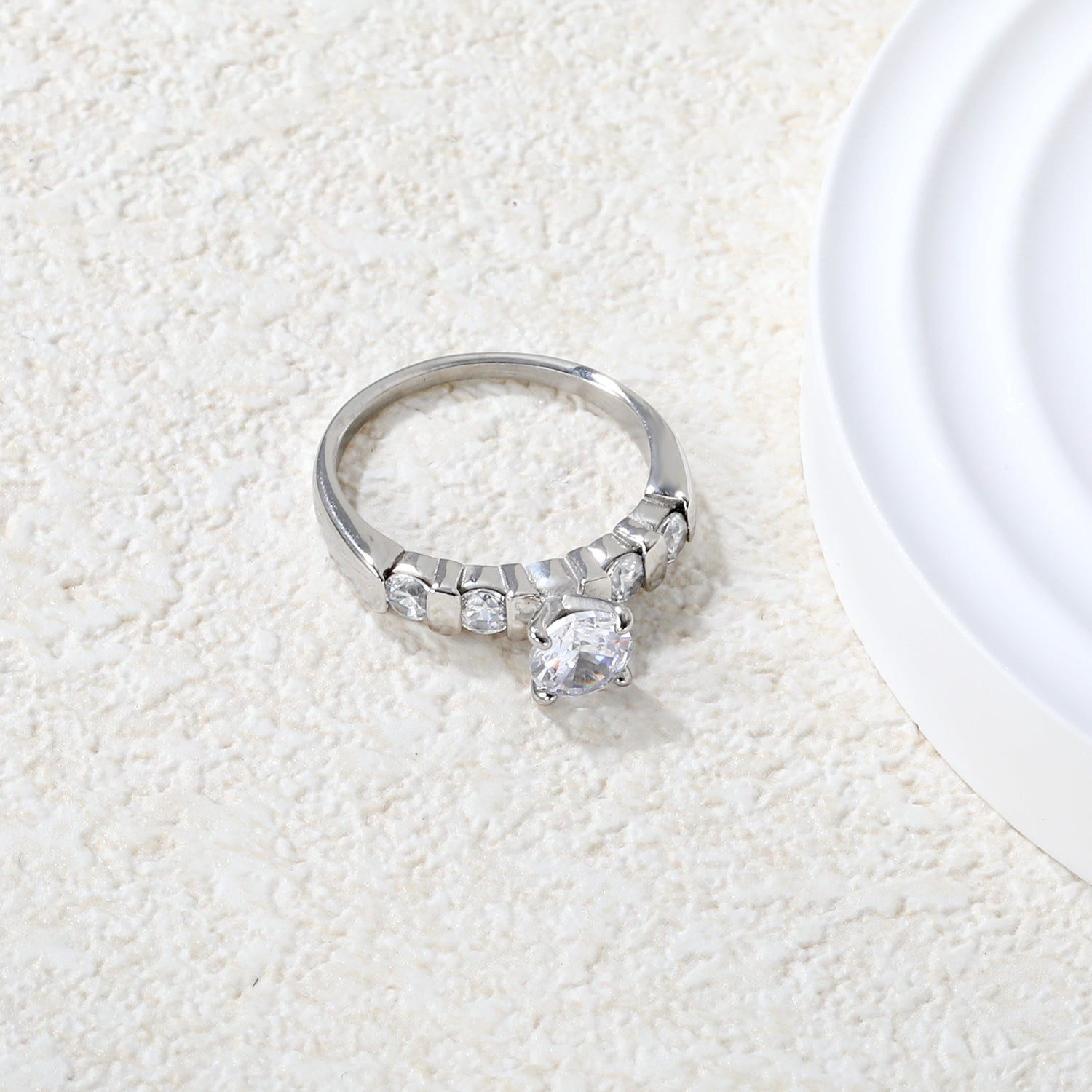 Stainless Steel Ring with Round Diamond & Teardrop Side Stones asonjewelry