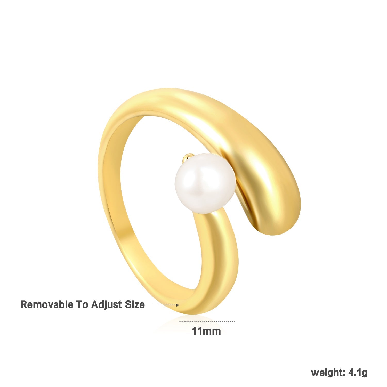 18K Gold - Plated Ring with Curved Band and Single Pearl asonjewelry