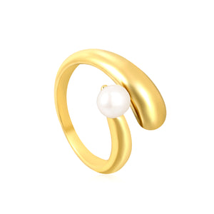 18K Gold - Plated Ring with Curved Band and Single Pearl