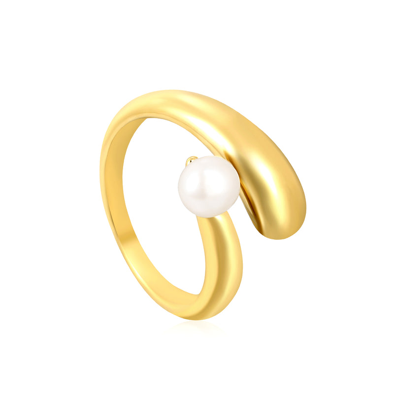 18K Gold - Plated Ring with Curved Band and Single Pearl