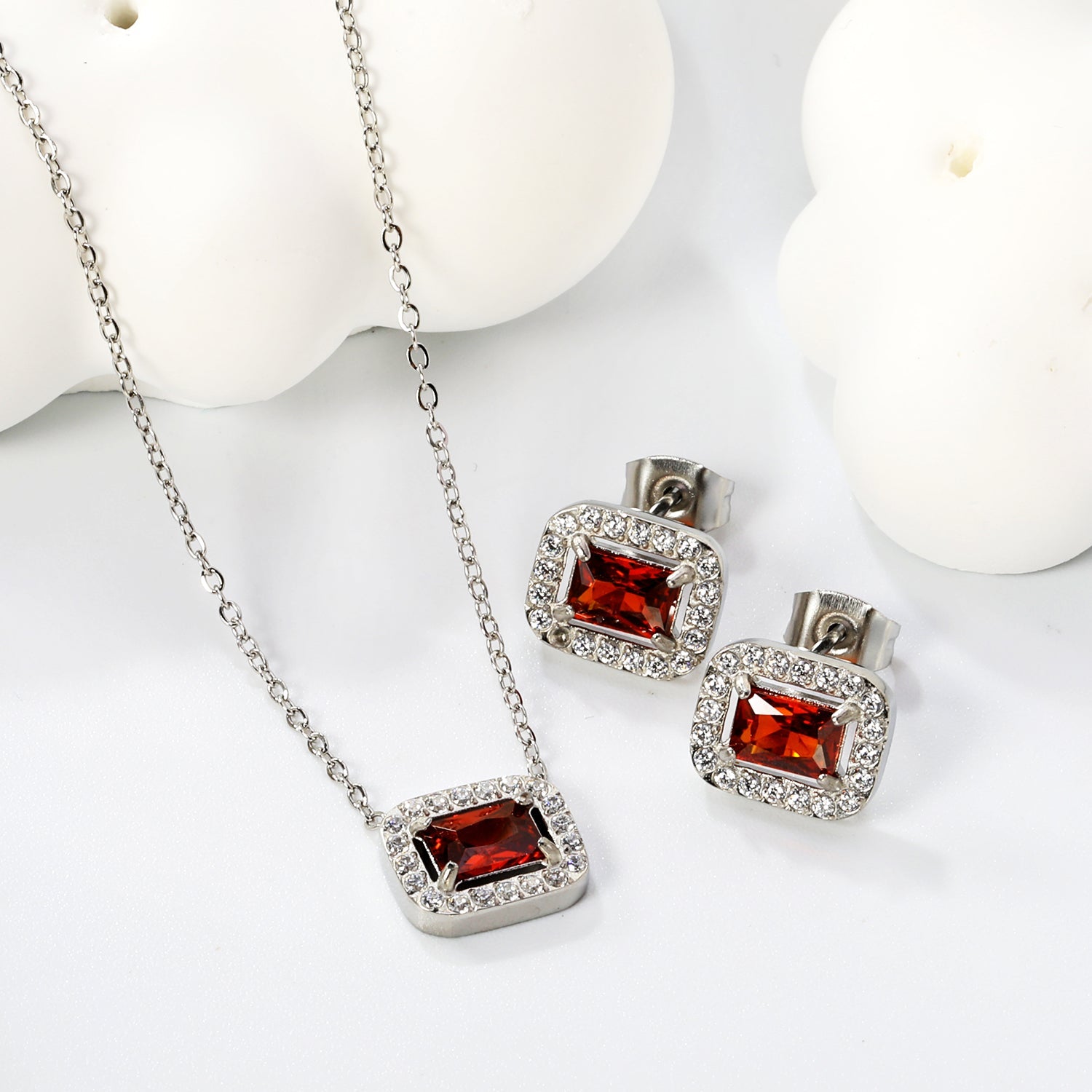11*8.8mm rectangle garnet red zirconium with white zirconium circle earrings + necklace cross chain 0.3*44+5cm+6mm round end plate Set steel color/golden asonjewelry