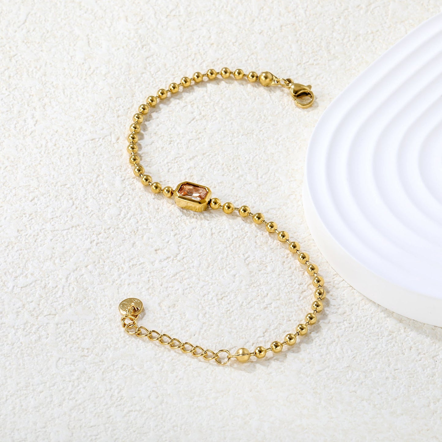 9*7mm rectangular white/pink/champagne zirconia 3mm bead chain 18+3cm+6mm round pendant bracelet gold asonjewelry