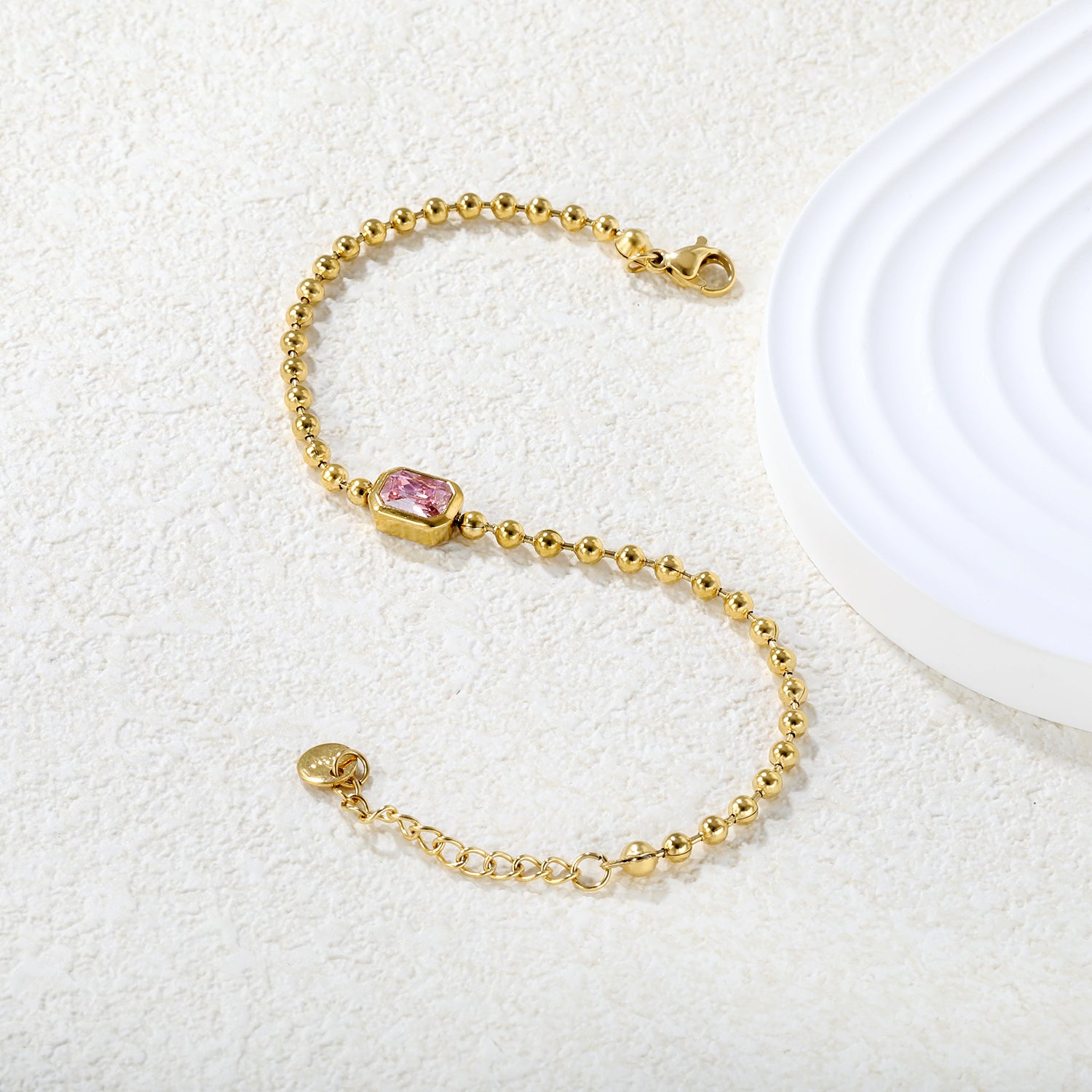 9*7mm rectangular white/pink/champagne zirconia 3mm bead chain 18+3cm+6mm round pendant bracelet gold asonjewelry