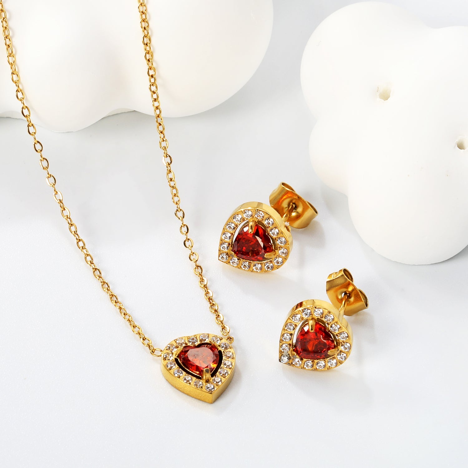 9.7*10.5mm heart shaped pomegranate red zirconium with white zirconium hoop earrings + necklace cross chain 0.3*44+5cm+6mm round end plate Set Steel/Golden color asonjewelry