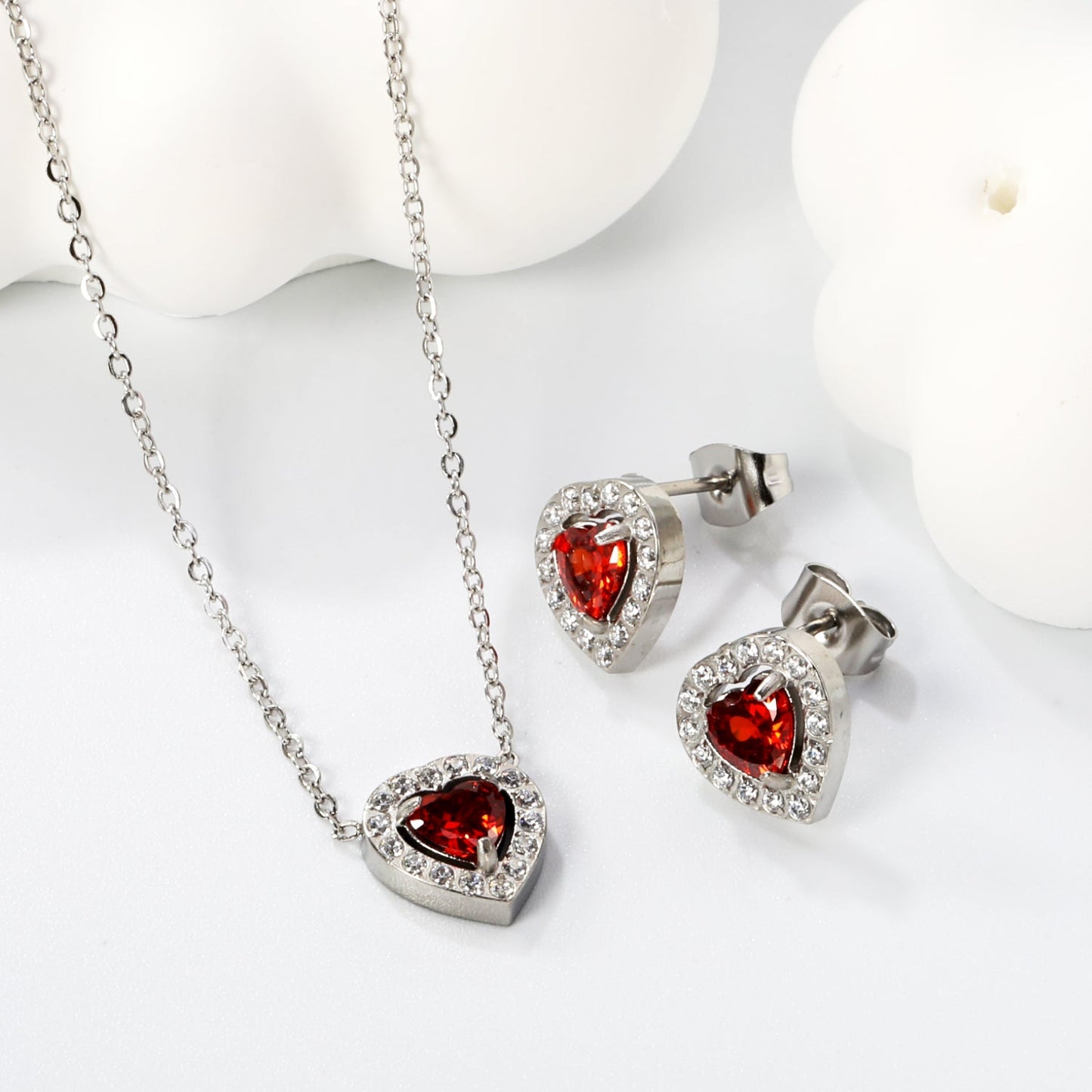 9.7*10.5mm heart shaped pomegranate red zirconium with white zirconium hoop earrings + necklace cross chain 0.3*44+5cm+6mm round end plate Set Steel/Golden color asonjewelry