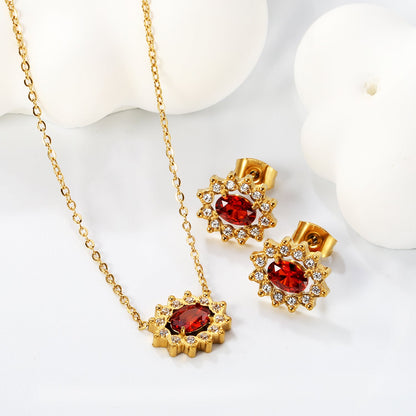 12.4*10.2 Lace Oval Garnet Red Zirconium with White Zirconium Hoops Earrings + Necklace Cross Chain 0.3*44+5cm+6mm Round Tail Plate Set Steel/Golden asonjewelry