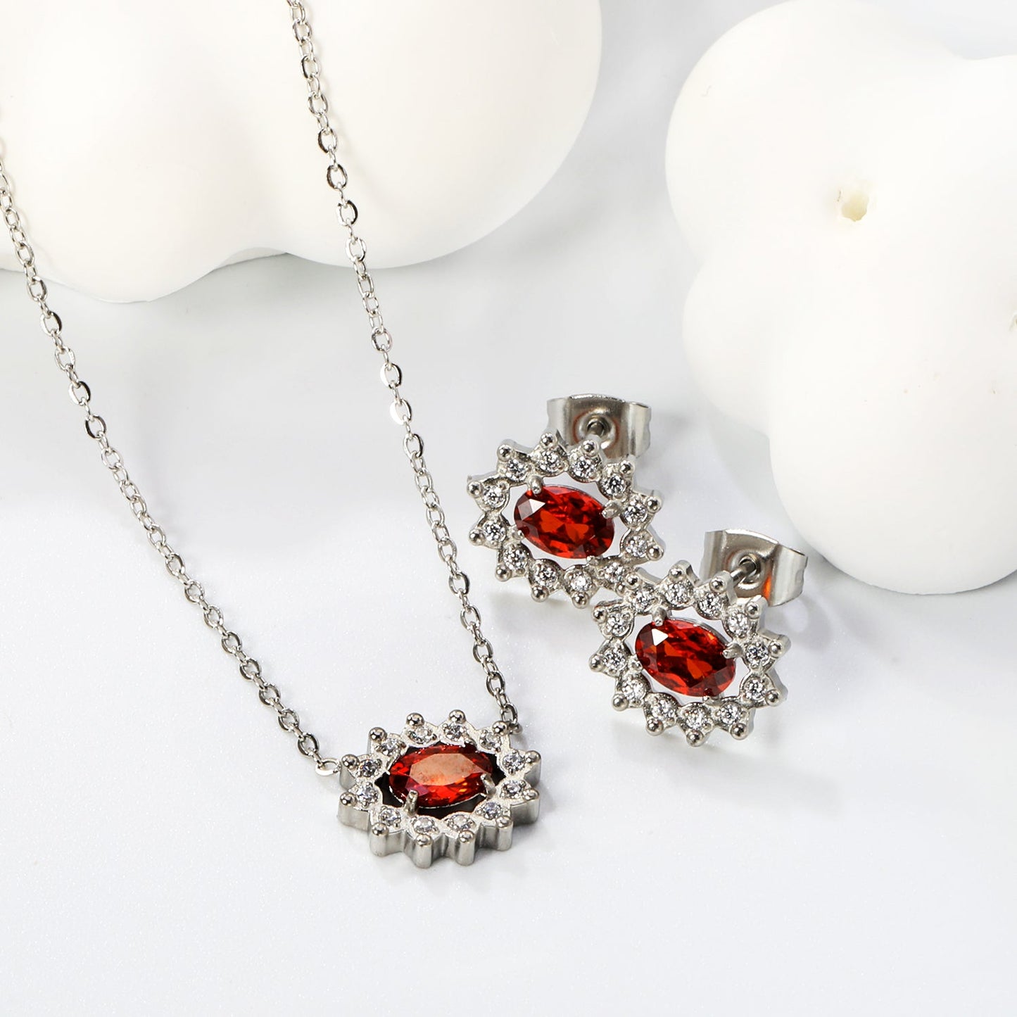 12.4*10.2 Lace Oval Garnet Red Zirconium with White Zirconium Hoops Earrings + Necklace Cross Chain 0.3*44+5cm+6mm Round Tail Plate Set Steel/Golden asonjewelry