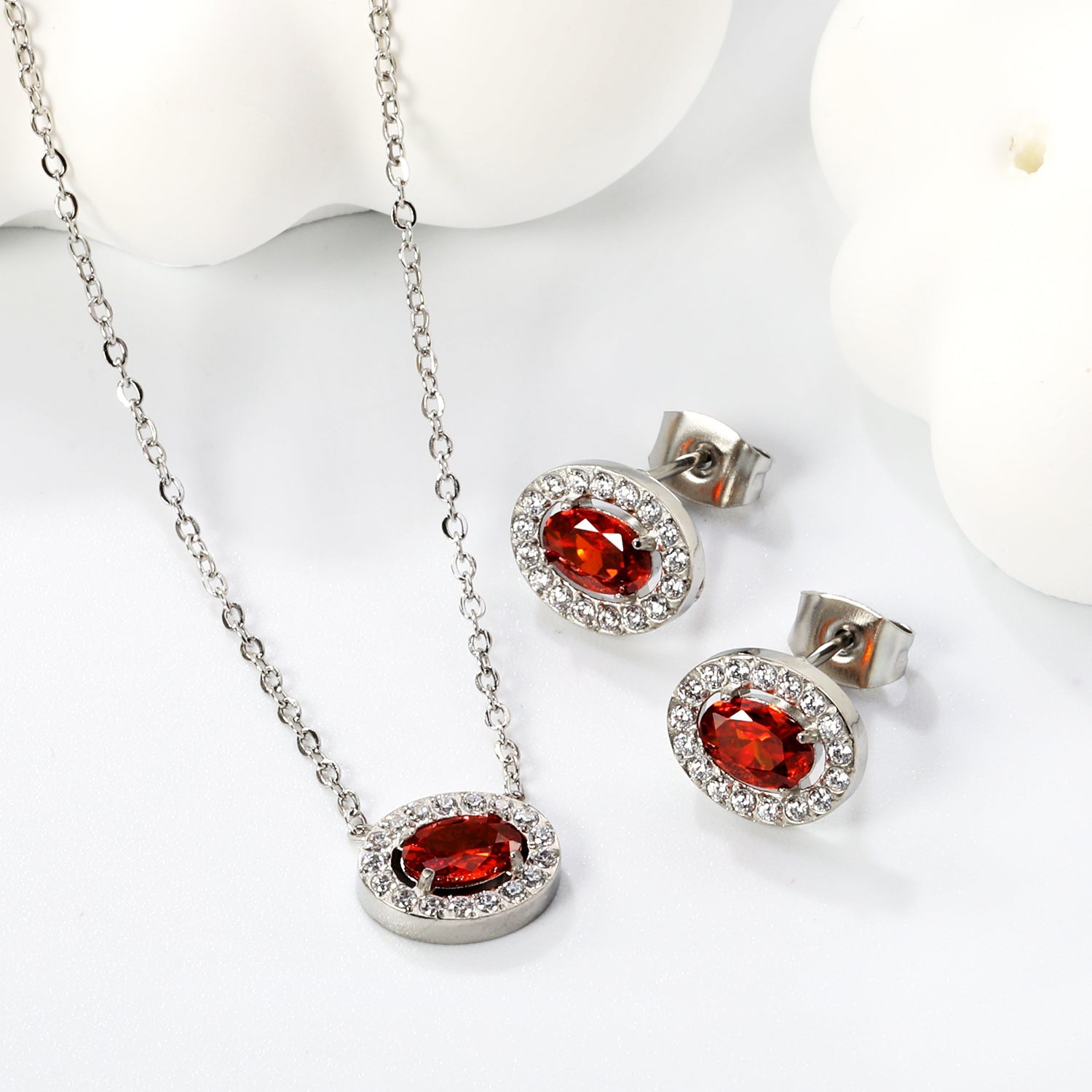 10.3*8.4mm oval garnet red zirconium with white zirconium hoop earrings + necklace cross chain 0.3*44+5cm+6mm round end plate Set steel color/golden color asonjewelry