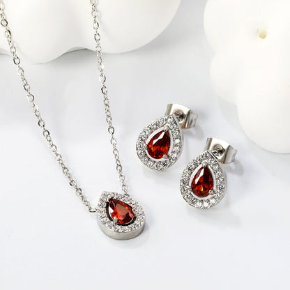 8.7*11mm teardrop shaped garnet red zirconium with white zirconium hoops earrings + necklace cross chain 0.3*44+5cm+6mm round end plate Set steel color / gold color asonjewelry