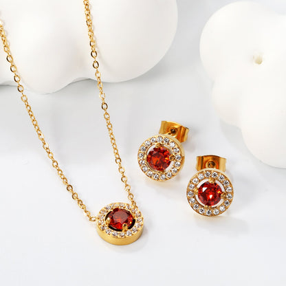 9.6mm Round Garnet Red Zirconia with White Zirconia Hoop Earrings + Necklace Cross Chain 0.3*44+5cm+6mm Round Tail Plaque Set Steel Color / Gold asonjewelry