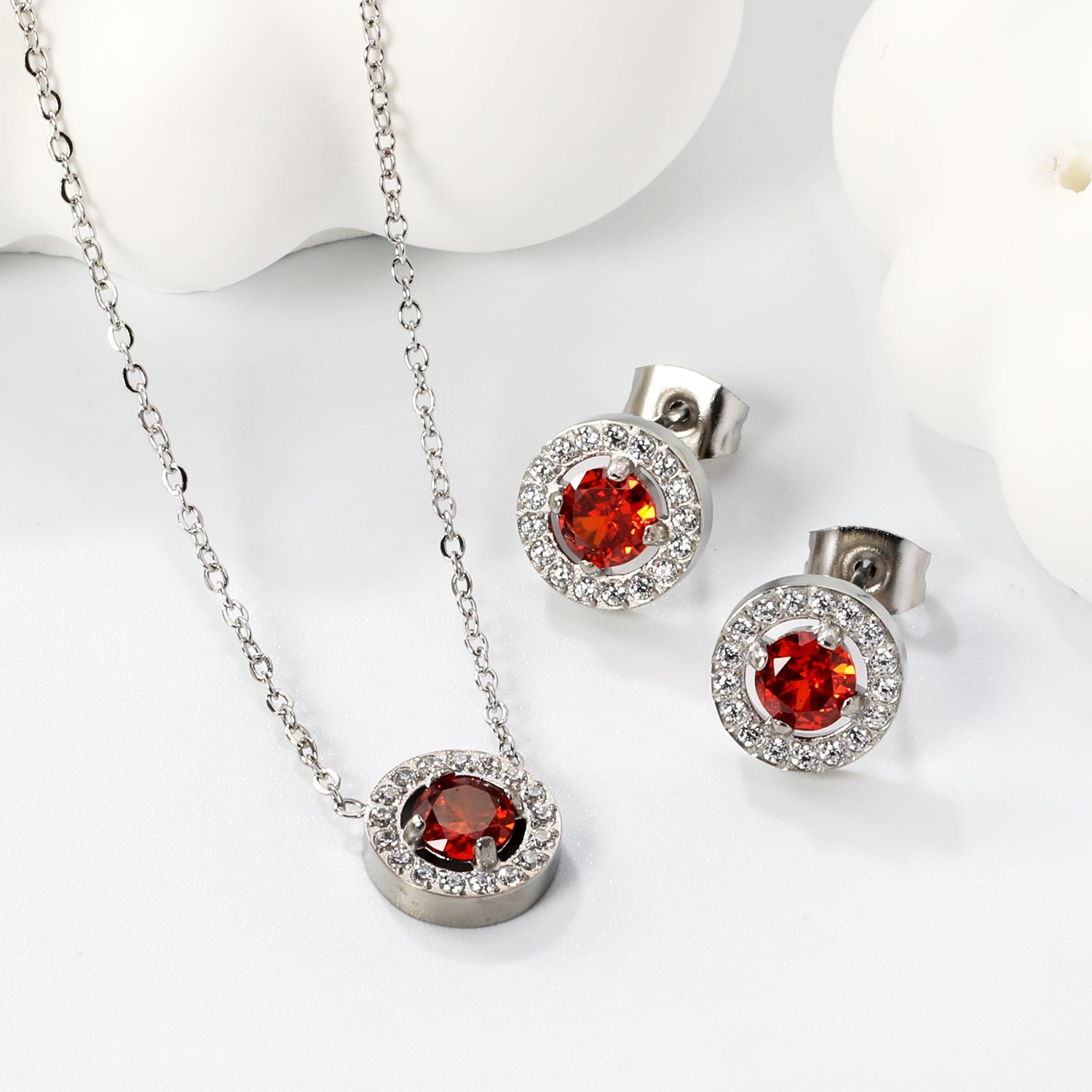 9.6mm Round Garnet Red Zirconia with White Zirconia Hoop Earrings + Necklace Cross Chain 0.3*44+5cm+6mm Round Tail Plaque Set Steel Color / Gold asonjewelry