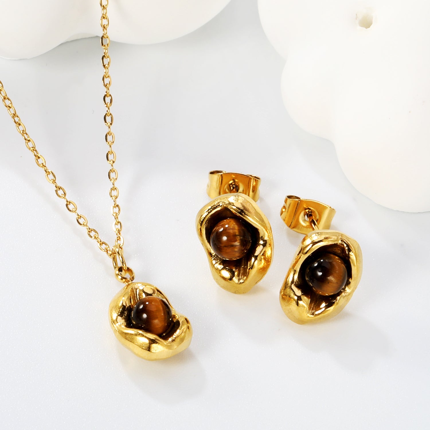 Tiger Eye Set Gold 0.3 Cross 40+5cm+6mm Earring+8.3*11.6mm Pendant Necklace 8.3*11.6mm Round Tail Plaque Set Gold color asonjewelry