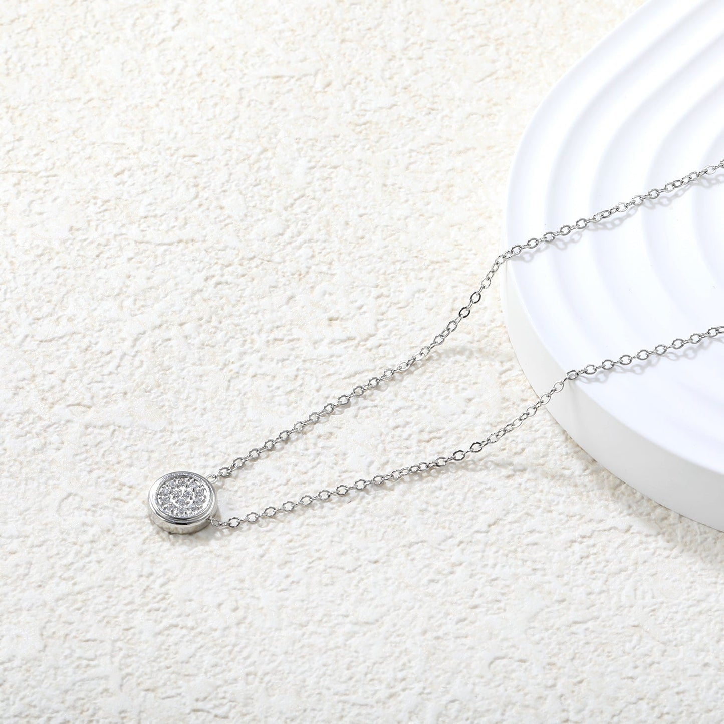 8.5mm beveled round CNC white zirconia pendant 0.3 cross chain 40+5cm+6mm round pendant necklace steel color/gold color asonjewelry