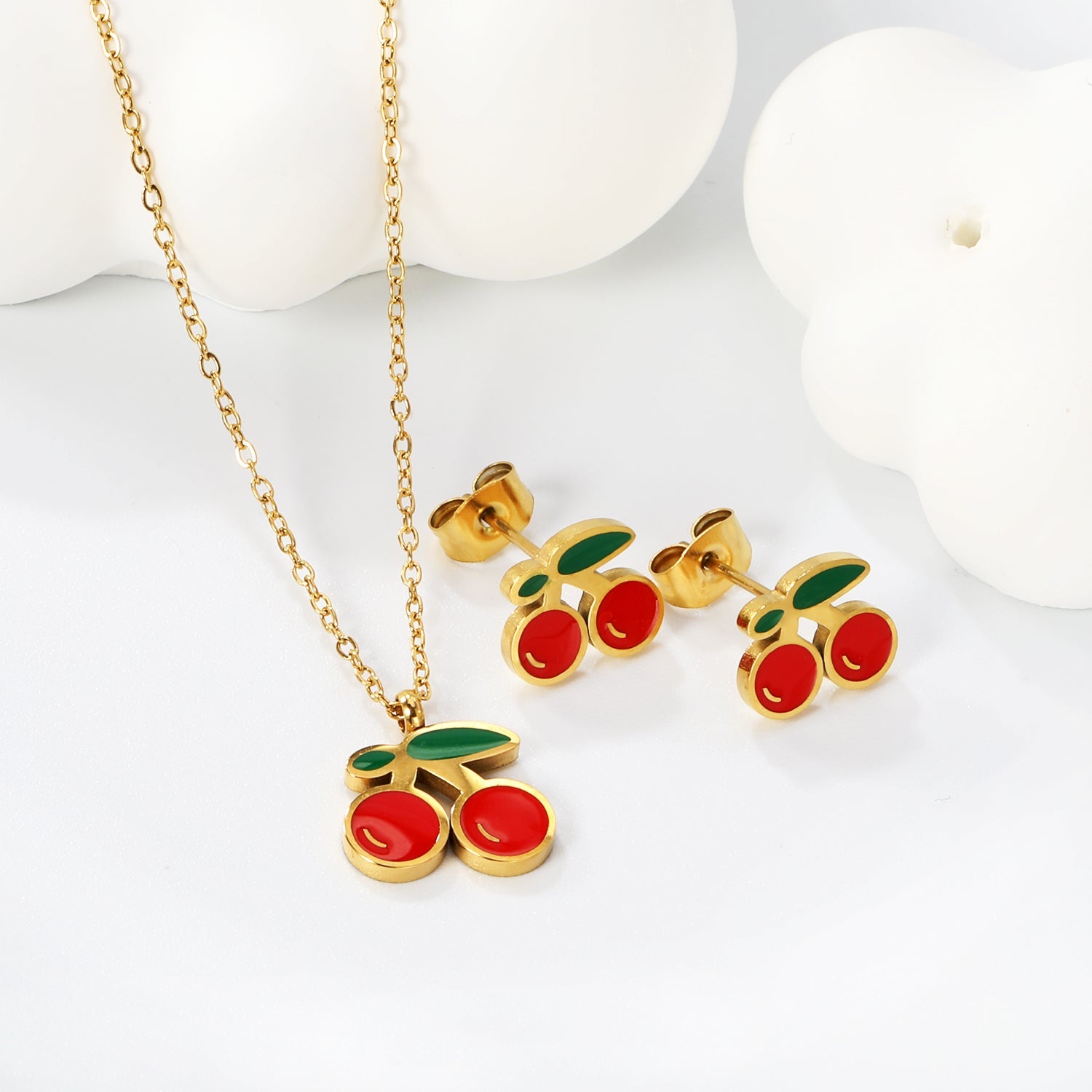 Cherry with red oil drops set Steel color/golden 0.3 cross 40+5cm+6mm round plaque earrings: 10.3*9mm pendant: 12.2*11mm asonjewelry