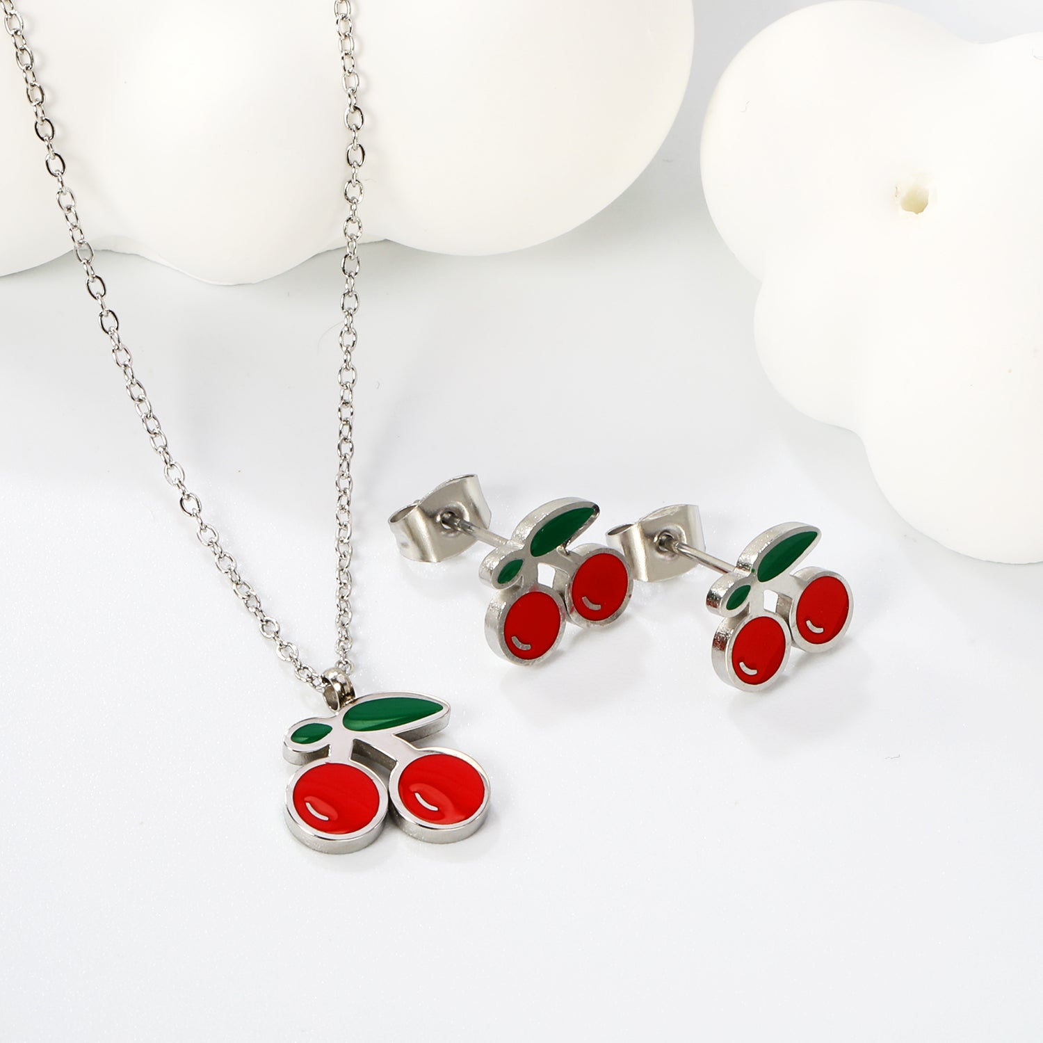 Cherry with red oil drops set Steel color/golden 0.3 cross 40+5cm+6mm round plaque earrings: 10.3*9mm pendant: 12.2*11mm asonjewelry