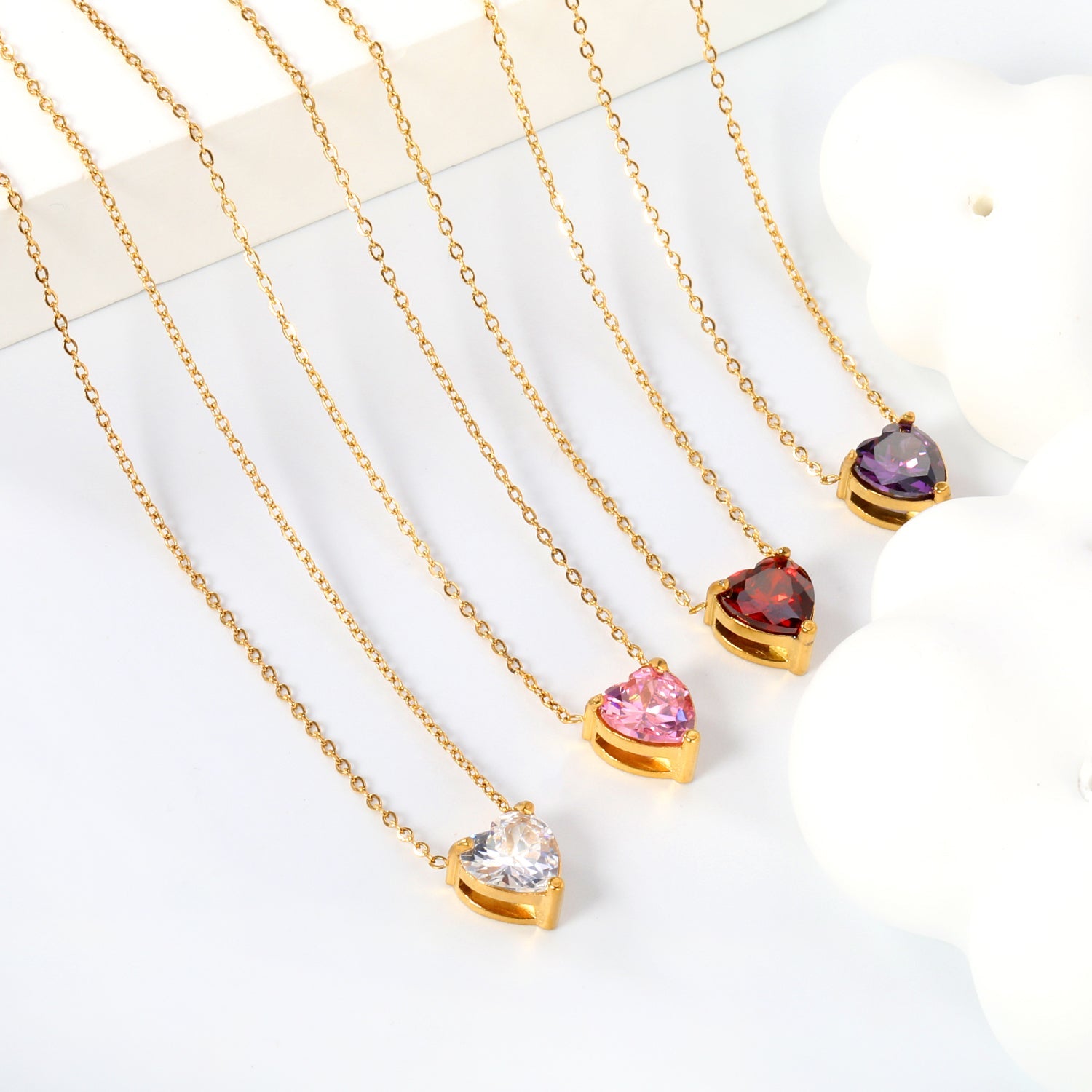 8.4*9.4mm heart shaped white zirconium/purple zirconium/garnet red zirconium/pink zirconium pendant necklace 0.3 cross chain 40+5cm+6mm round end tag gold color asonjewelry