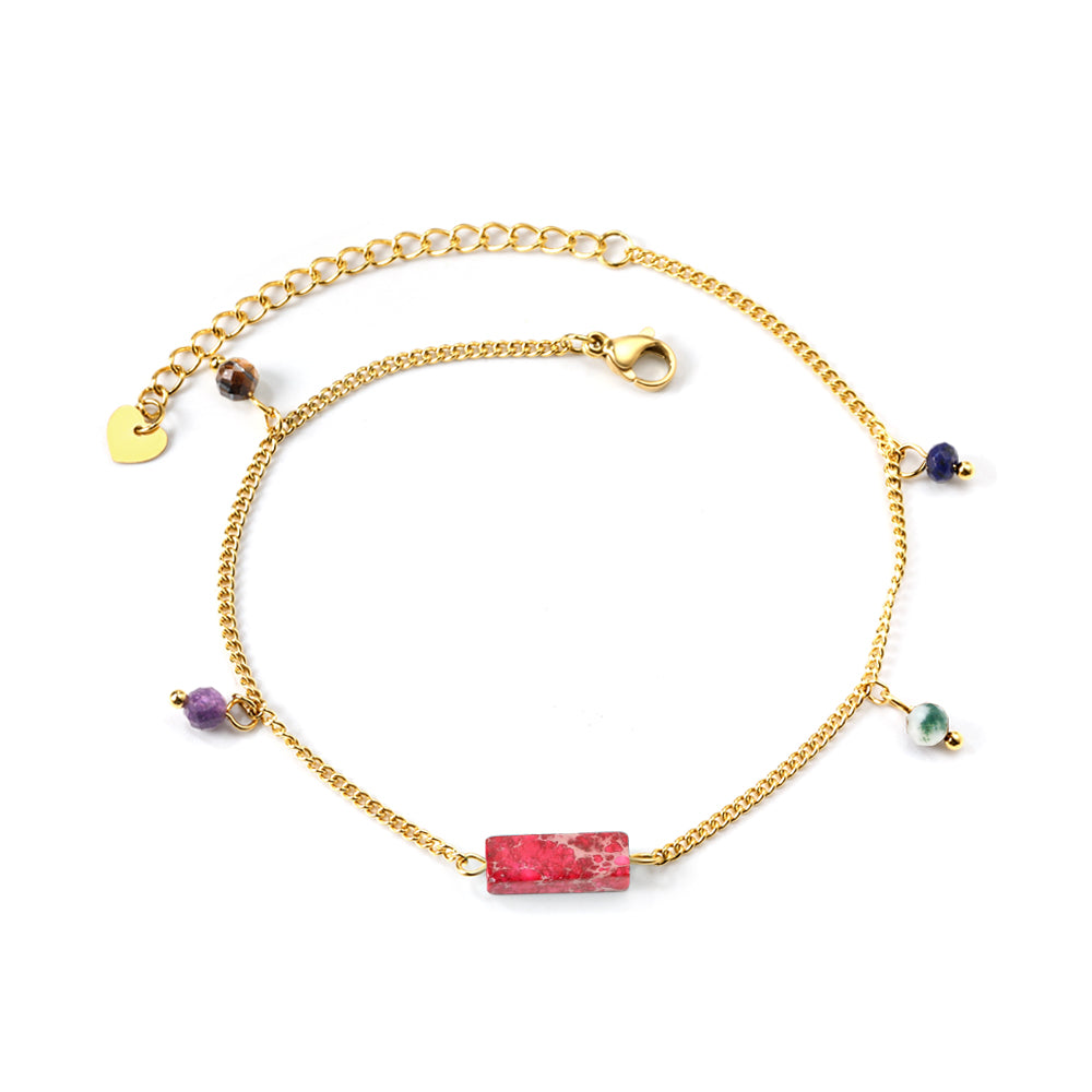 Aquamarine & Blue & Rose & Mixed Color 1 Rectangular Zircon + 4 Mixed Color Beads Anklet 21+5cm Golden asonjewelry