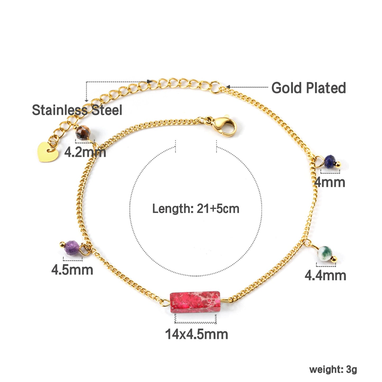 Aquamarine & Blue & Rose & Mixed Color 1 Rectangular Zircon + 4 Mixed Color Beads Anklet 21+5cm Golden asonjewelry