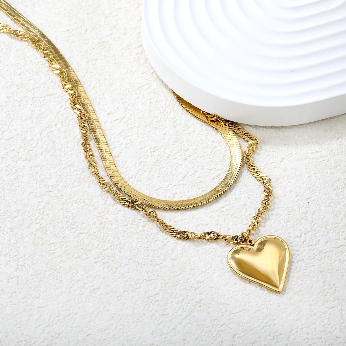 20x22mm heart-shaped accessory double chain 4mm blade chain 40cm + 3mm water glass chain 50x5cm + 6mm round tail tag necklace, gold asonjewelry