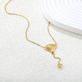 5mm round beads + 17x14mm shell, 0.35 cross chain, 40cm + 5cm + 6mm round pendant, shell and steel bead chain spaced 3cm apart, necklace, gold