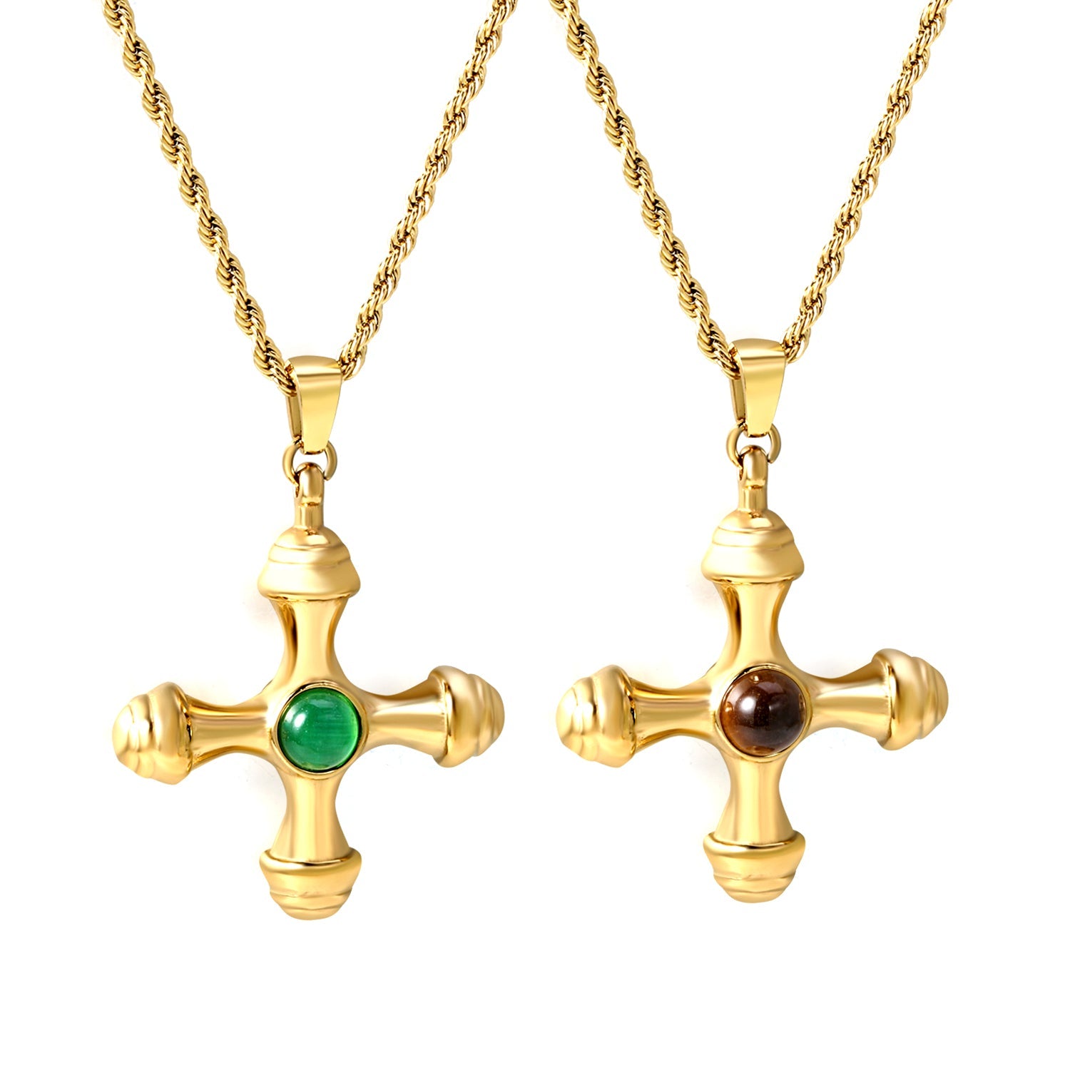 Cross with Round Brown Cat's Eye Pendant 30.2*35mm Twist Chain Necklace 2*45+5cm asonjewelry