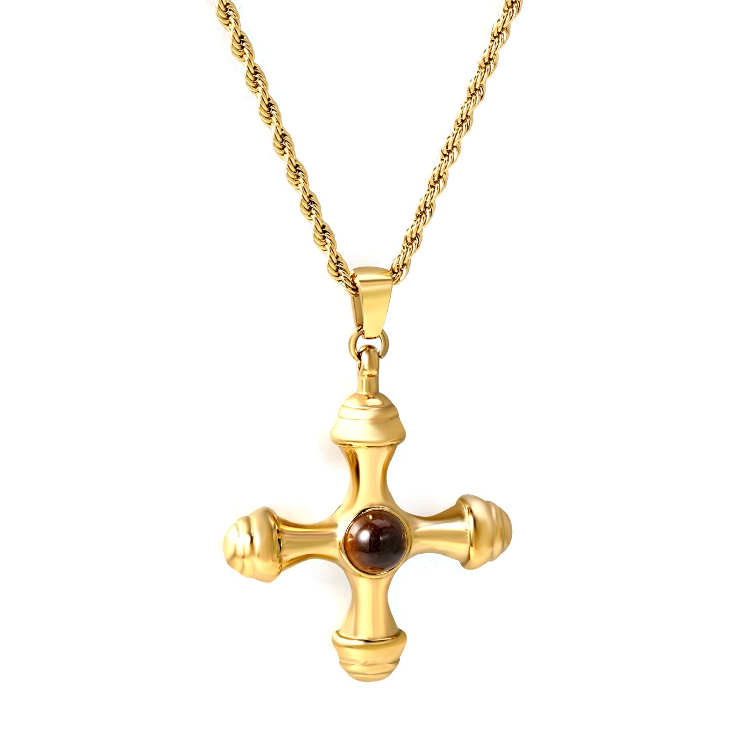 Cross with Round Brown Cat's Eye Pendant 30.2*35mm Twist Chain Necklace 2*45+5cm asonjewelry
