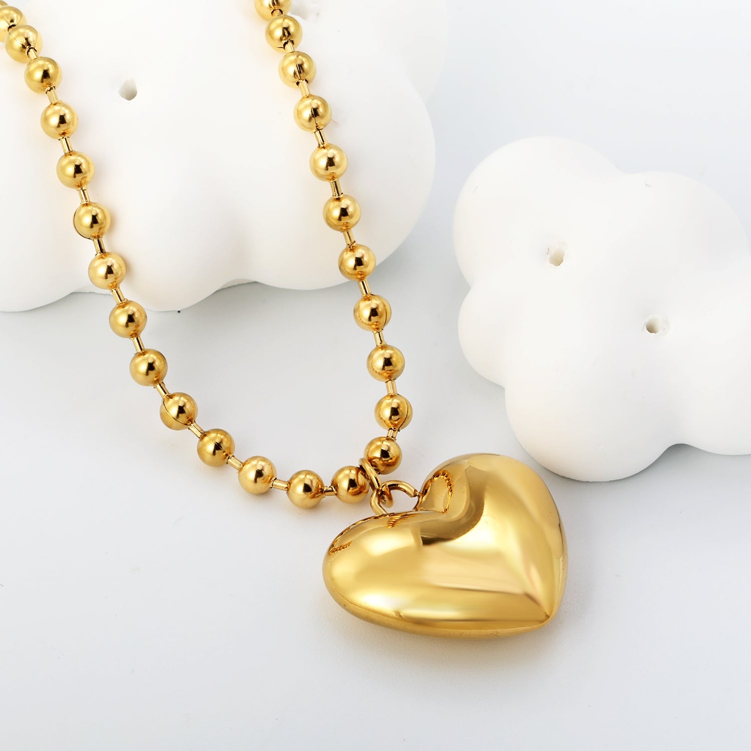 26.5*23mm Hollow Heart Pendant Necklace 4.0 Wave Bead Chain 45+5cm+6mm Round Plaque Steel Color asonjewelry