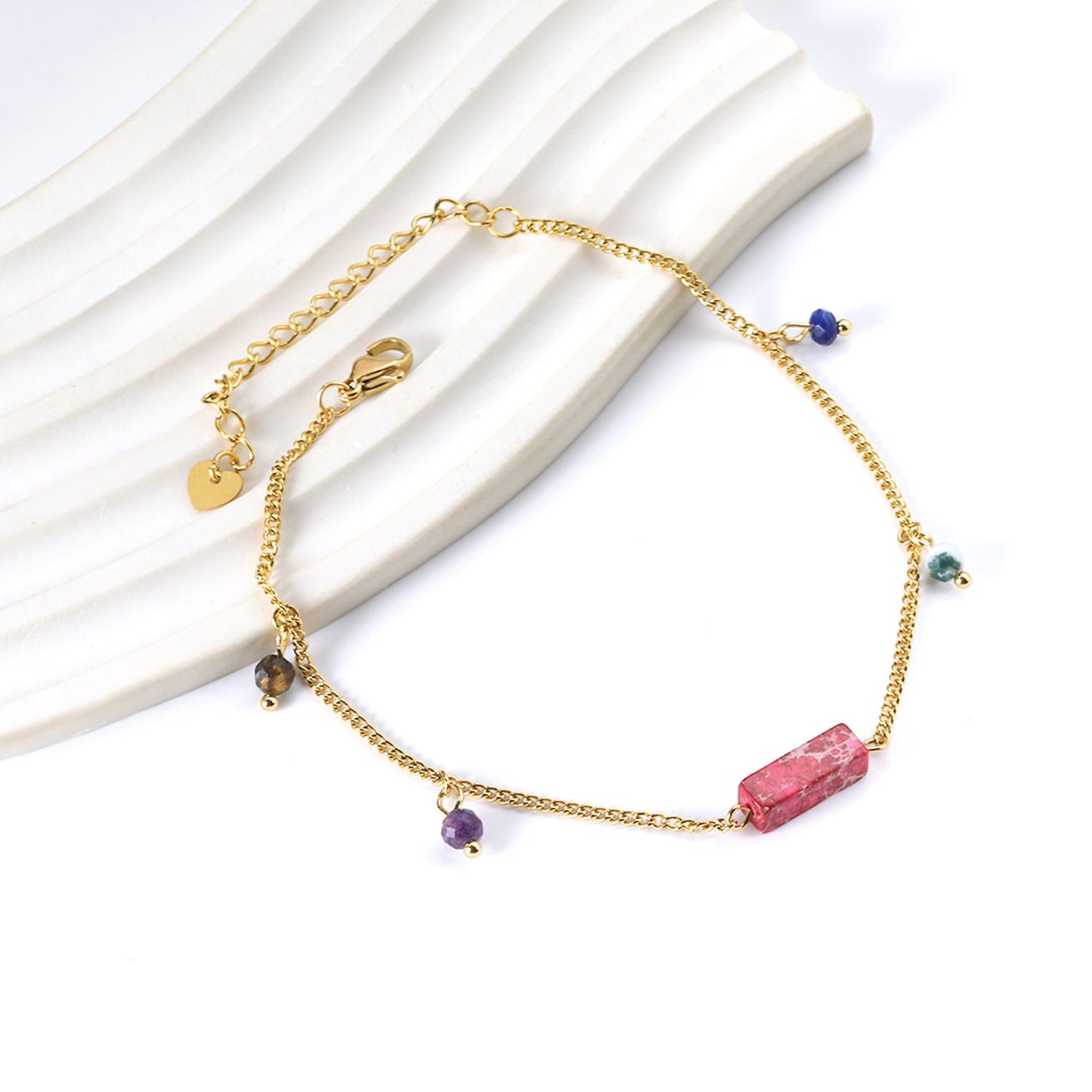 Aquamarine & Blue & Rose & Mixed Color 1 Rectangular Zircon + 4 Mixed Color Beads Anklet 21+5cm Golden asonjewelry