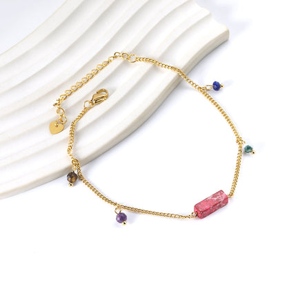Aquamarine & Blue & Rose & Mixed Color 1 Rectangular Zircon + 4 Mixed Color Beads Anklet 21+5cm Golden asonjewelry