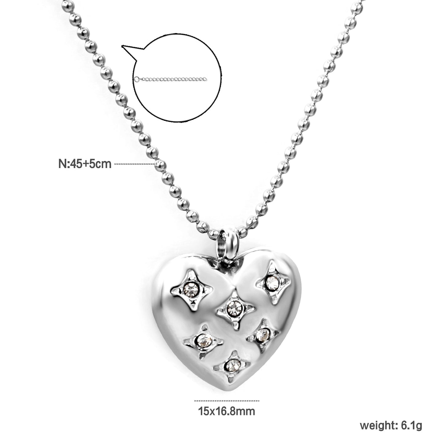15*16.8mm heart with 6 white diamonds pendant+1.2mm bobble chain necklace 45+5cm asonjewelry
