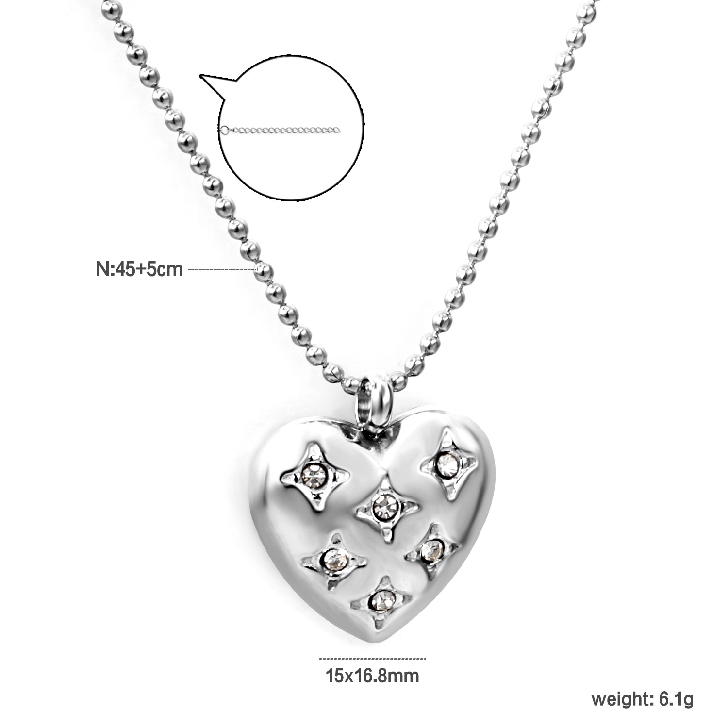15*16.8mm heart with 6 white diamonds pendant+1.2mm bobble chain necklace 45+5cm asonjewelry