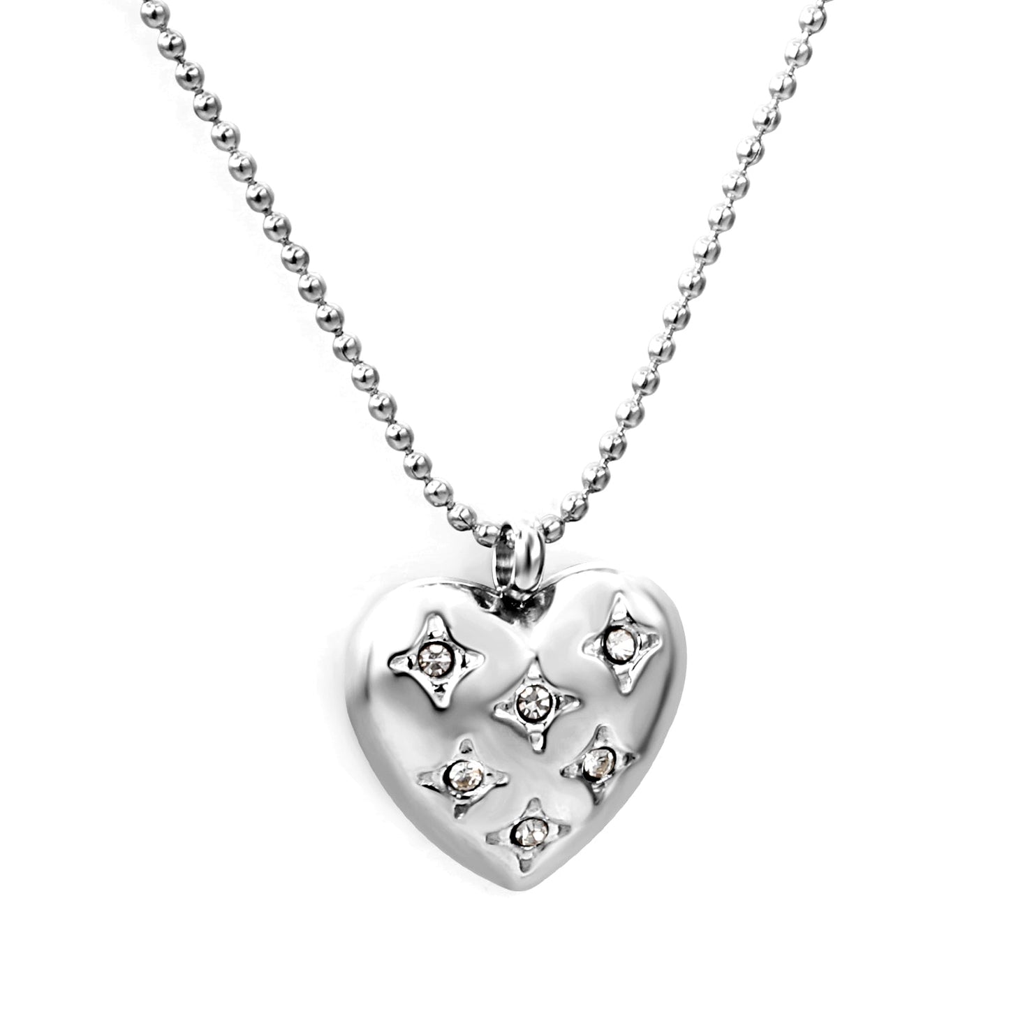 15*16.8mm heart with 6 white diamonds pendant+1.2mm bobble chain necklace 45+5cm asonjewelry