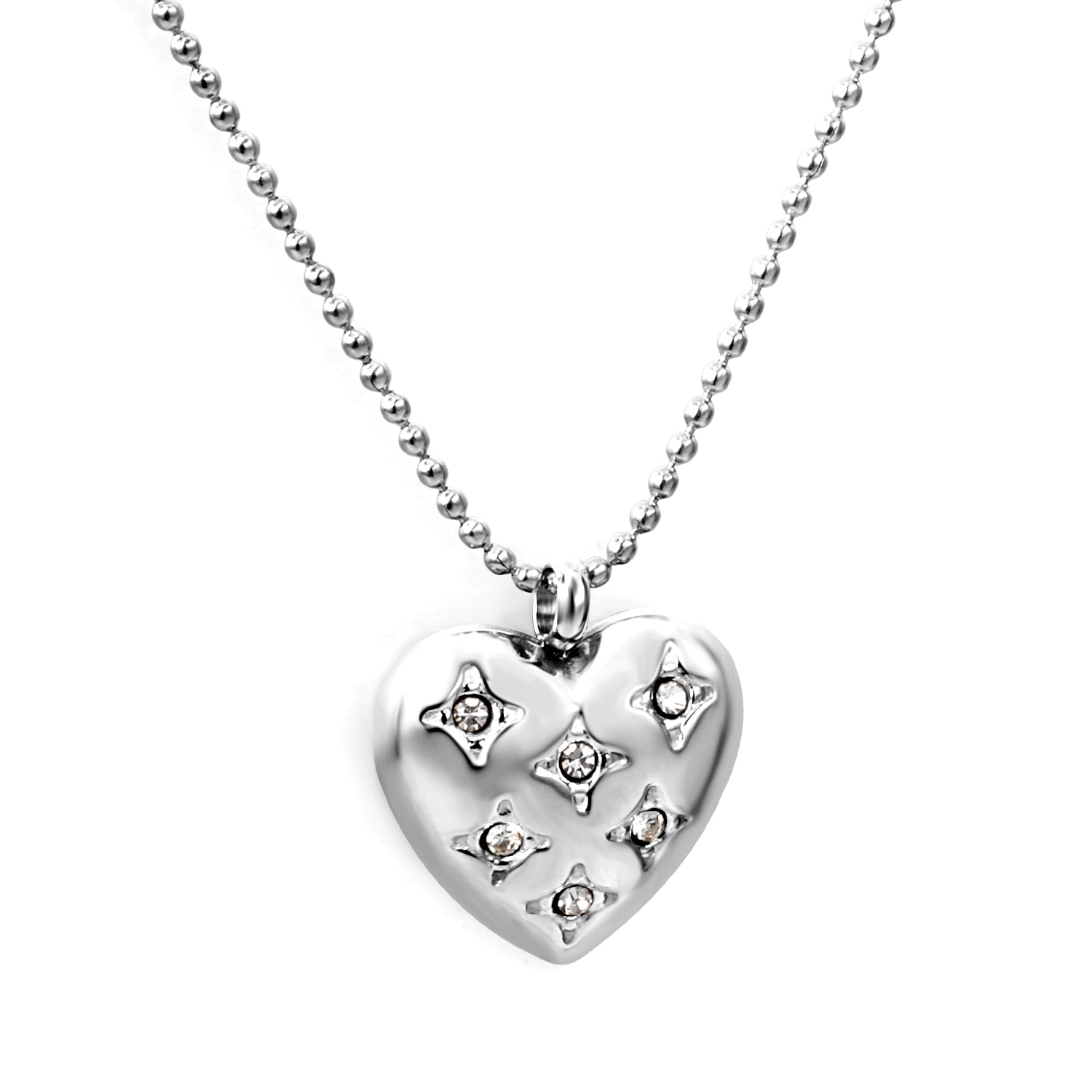 15*16.8mm heart with 6 white diamonds pendant+1.2mm bobble chain necklace 45+5cm asonjewelry