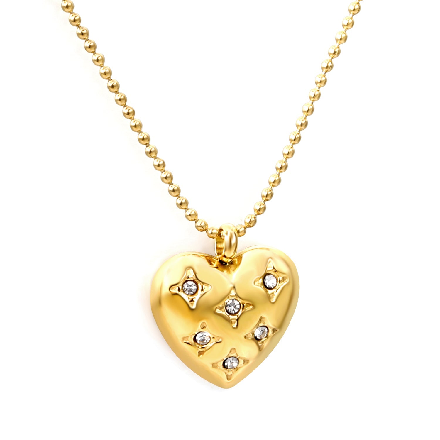 15*16.8mm heart with 6 white diamonds pendant+1.2mm bobble chain necklace 45+5cm asonjewelry